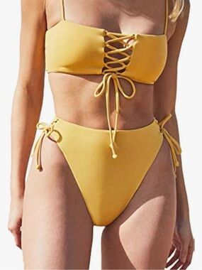 Yellow Lace-Up Bandeau Bikini Set - Women Swim